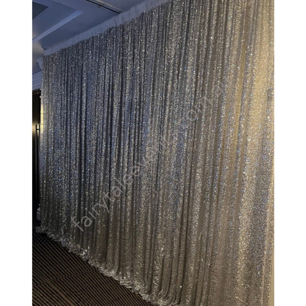 Silver sequin curtain backdrop hire Sydney – Fairytale Events Pty Ltd
