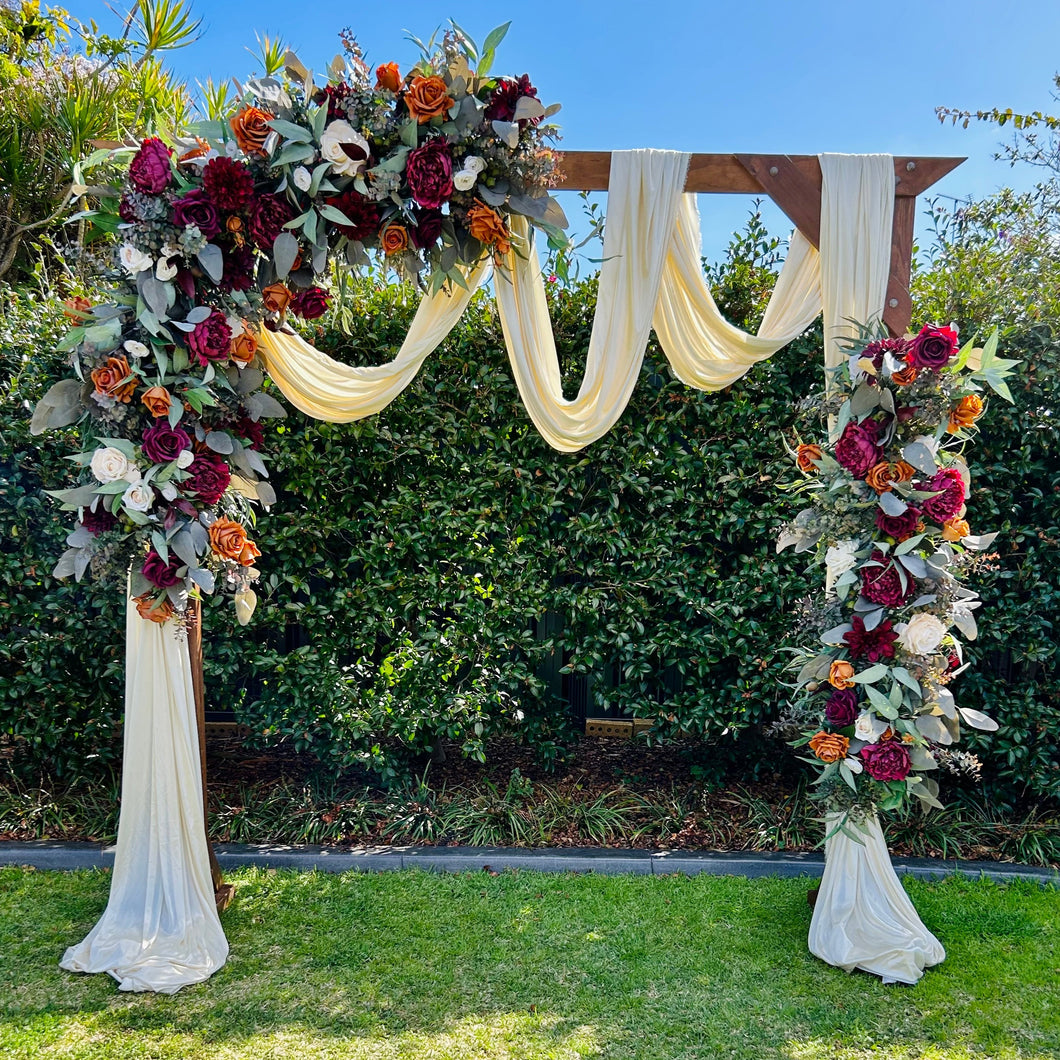 Mackenzie floral on wooden arbour with drape