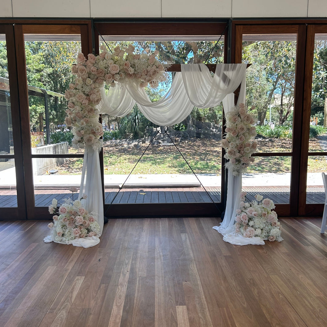 Alanah floral on white arbour with drape & ground florals