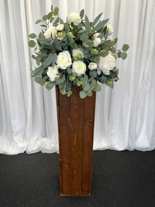 Rustic wooden plinth with Sarah floral