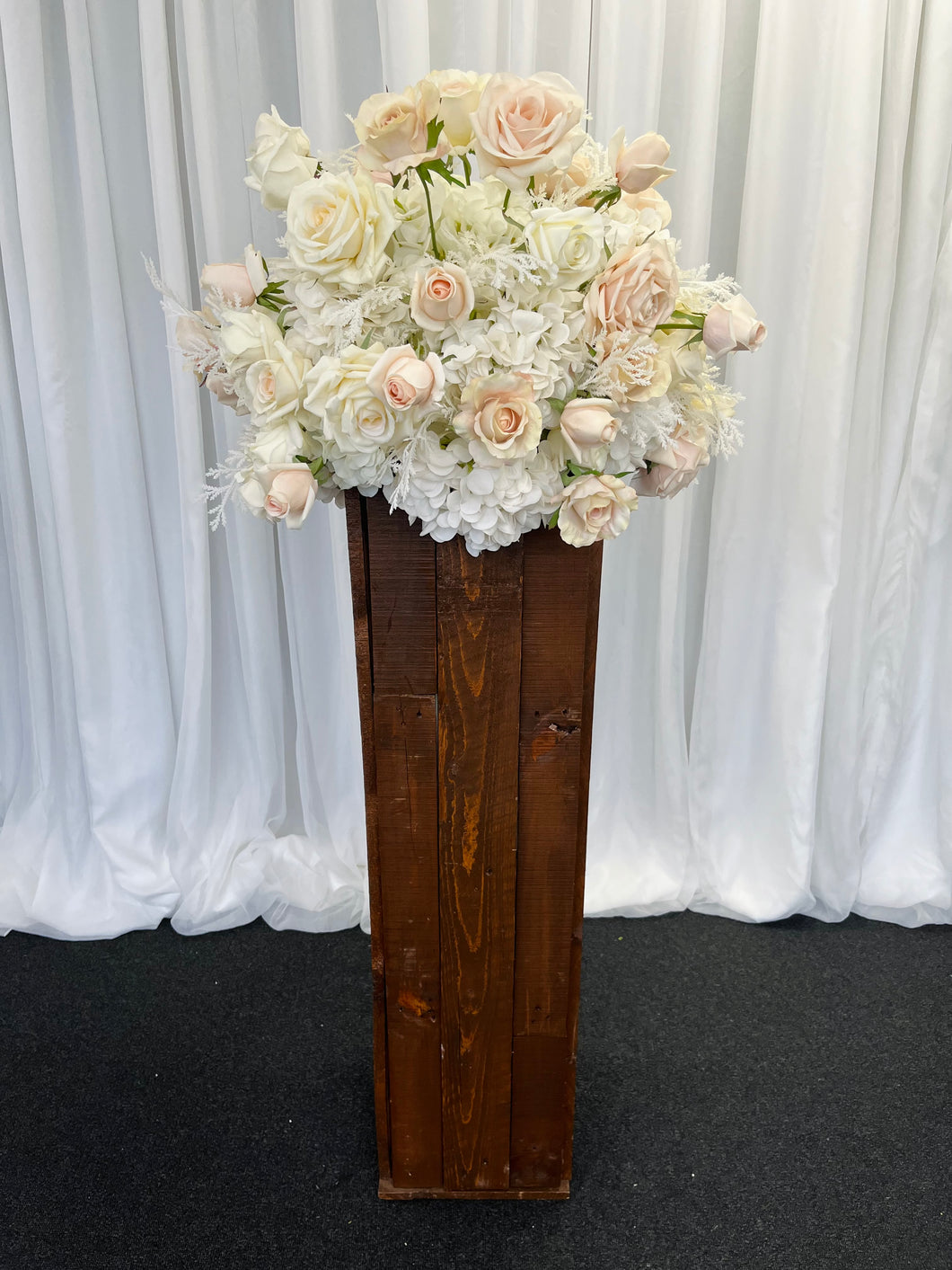 Rustic wooden plinth with Alanah floral – Fairytale Events Pty Ltd