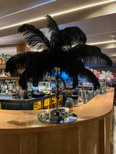 Load image into Gallery viewer, Black and gold ostrich feather centerpiece hire
