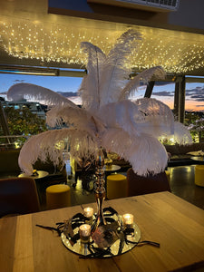 White and gold ostrich feather centerpiece hire 