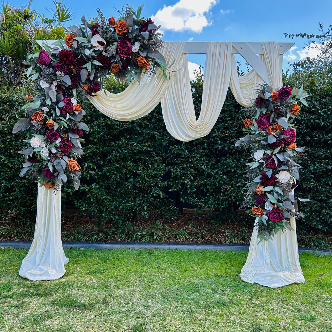 Mackenzie floral on white arbour with drape