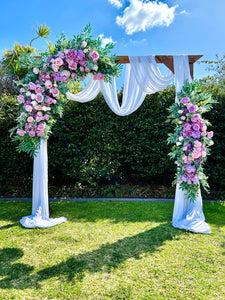 Esther floral on wooden arbour with pink or white drape