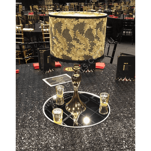 Black And Gold Lampshade On Large Pedestal