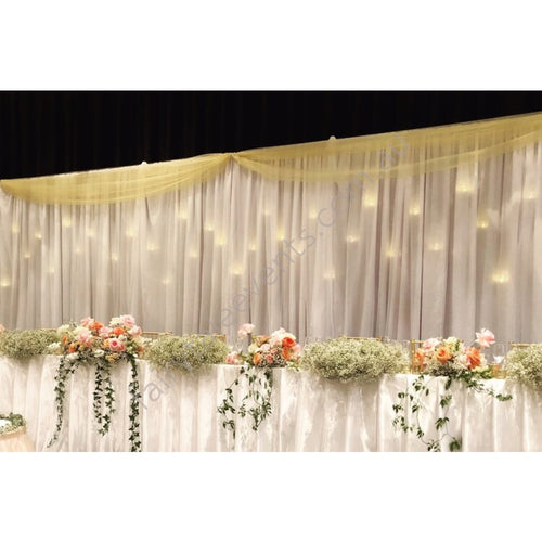 White Curtain Backdrop Hire Sydney With Hanging Tealights Minimum Length 6M